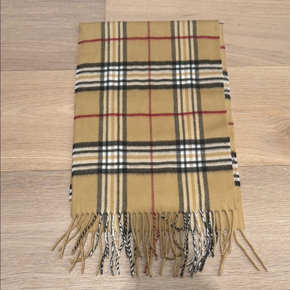 V. FRAAS Tan and Black Plaid Scarf with Fringe